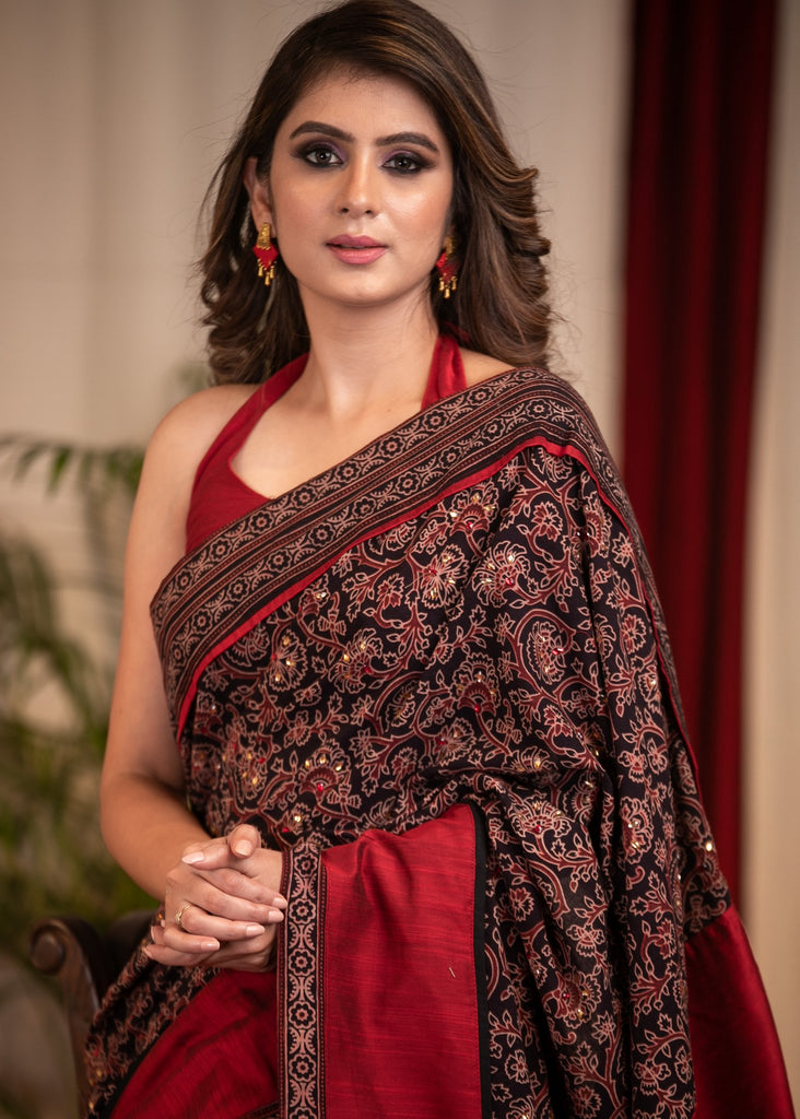 Black Ajrakh saree with exclusive stone embellishments