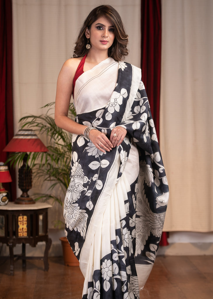 Exclusive pure silk kalamkari design printed saree