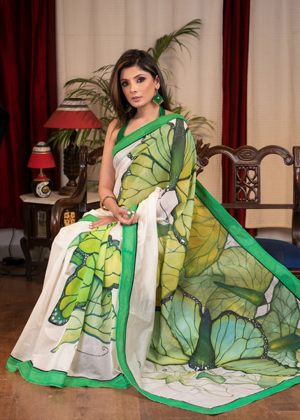 White Chanderi saree with exclusive hand painted abstract butterfly motif