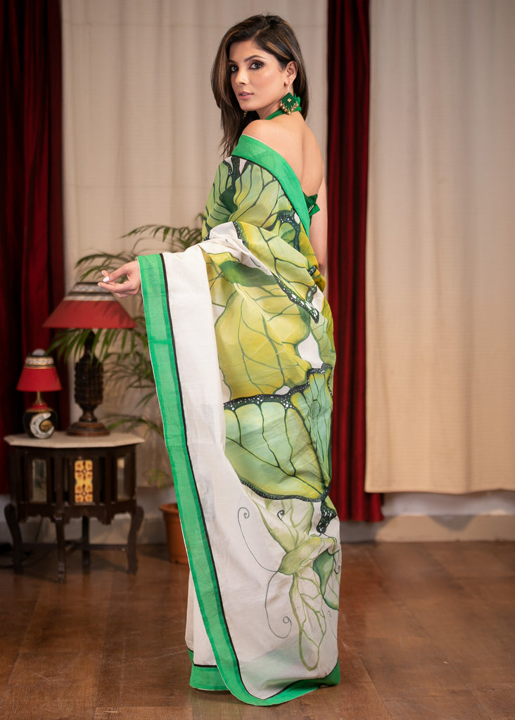 White Chanderi saree with exclusive hand painted abstract butterfly motif