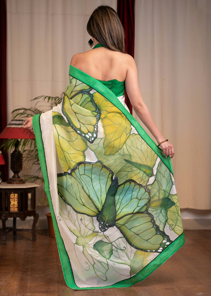 White Chanderi saree with exclusive hand painted abstract butterfly motif