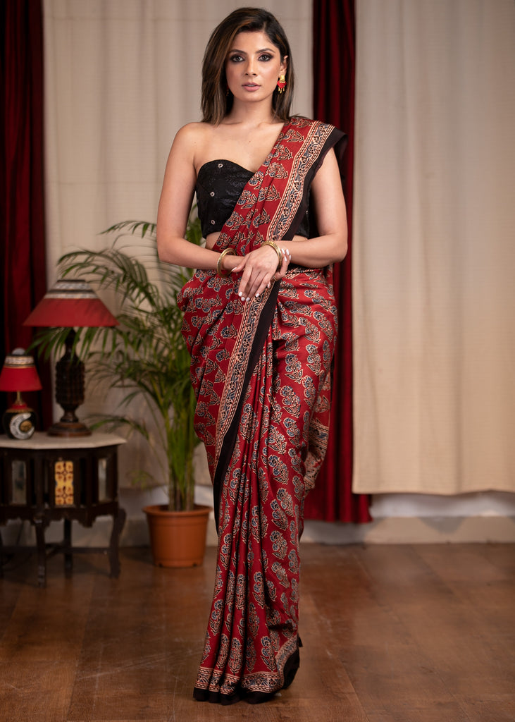 Pure modal silk block printed maroon Ajrakh saree