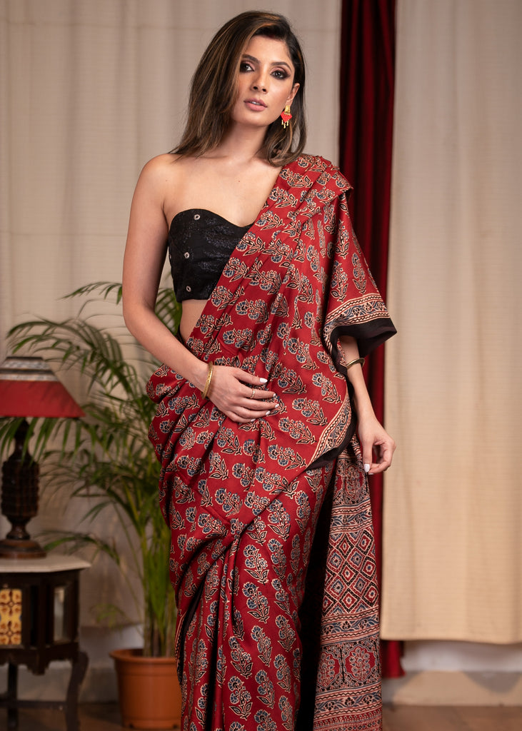 Pure modal silk block printed maroon Ajrakh saree
