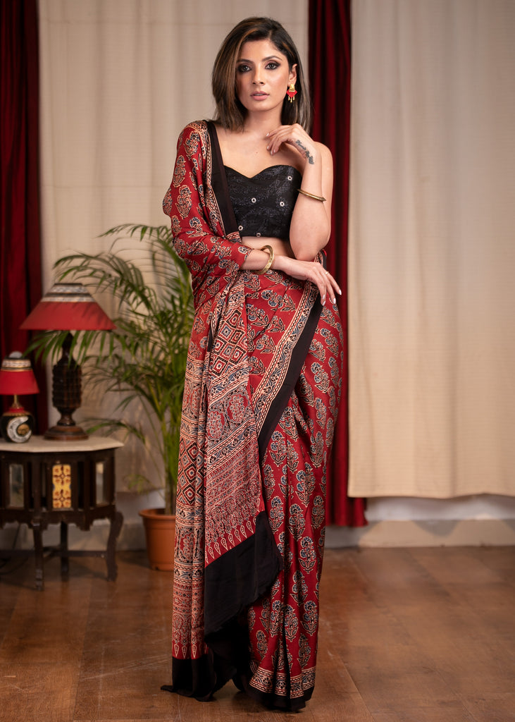 Pure modal silk block printed maroon Ajrakh saree