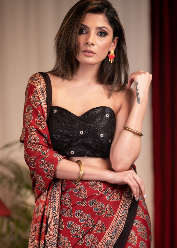Pure modal silk block printed maroon Ajrakh saree