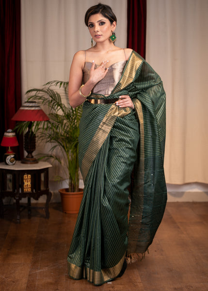 Exclusive striped olive green kota silk saree