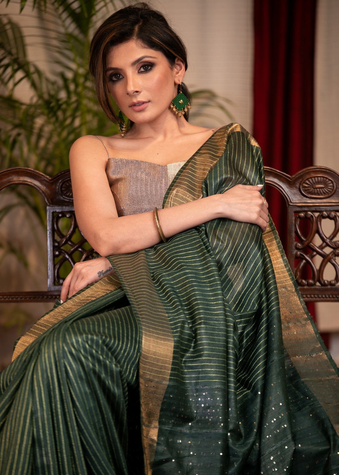 Exclusive striped olive green kota silk saree