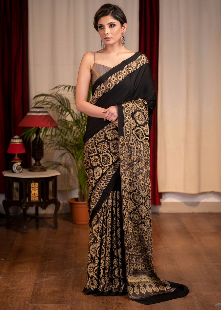 Pure modal silk block printed black designer Ajrakh saree