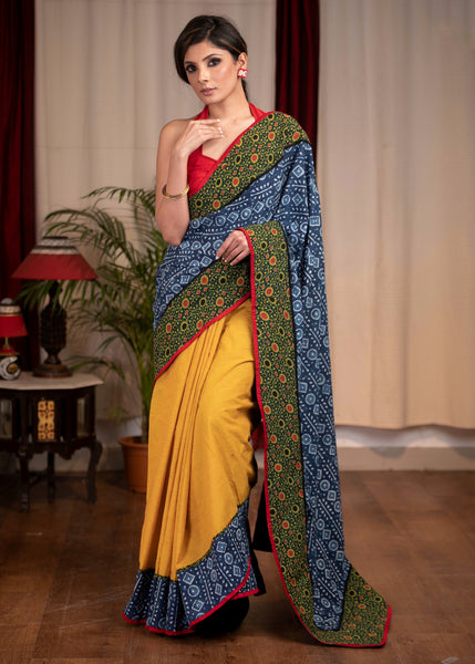 Exclusive Indigo & mustard cotton combination saree with Ajrakh border