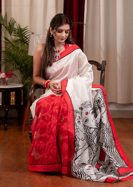 Exclusive hand painted chanderi saree with Jamdani work pleats