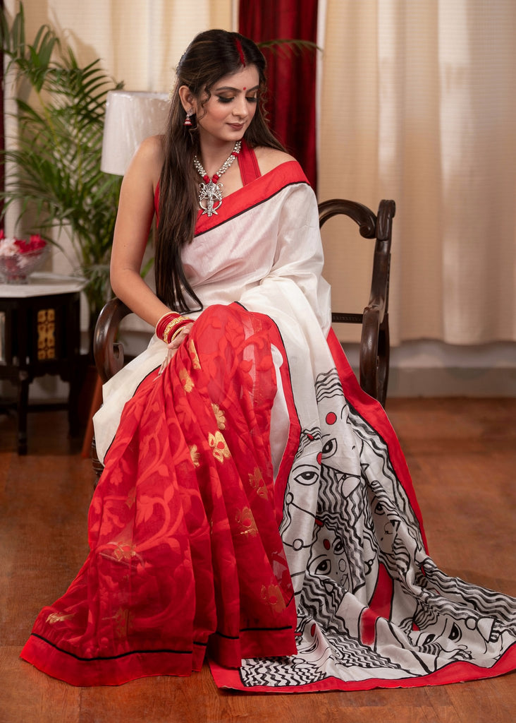 Exclusive hand painted chanderi saree with Jamdani work pleats
