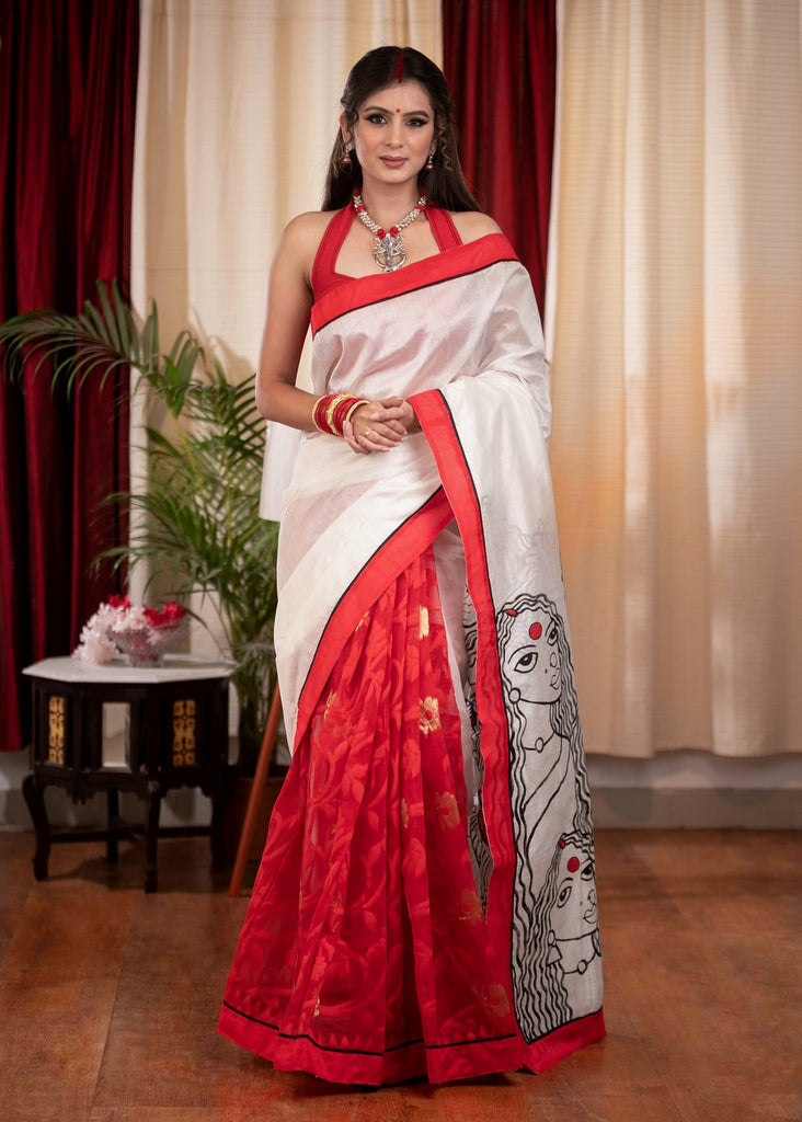 Exclusive hand painted chanderi saree with Jamdani work pleats