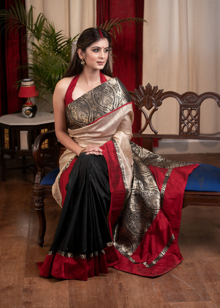Tusser Silk & banarasi combination saree with black cotton silk pleats