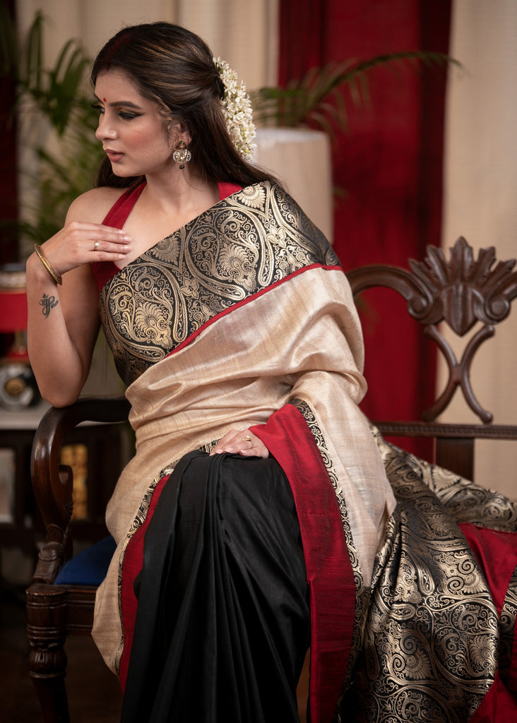 Tusser Silk & banarasi combination saree with black cotton silk pleats