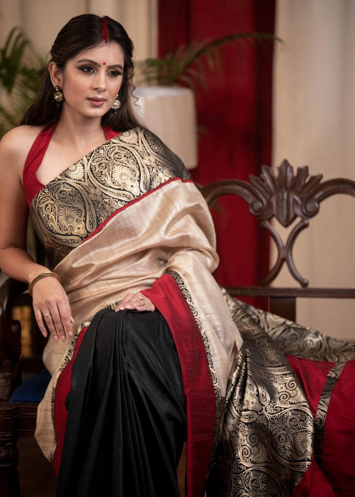 Tusser Silk & banarasi combination saree with black cotton silk pleats