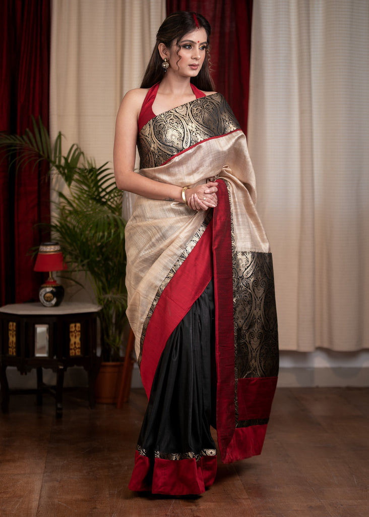 Tusser Silk & banarasi combination saree with black cotton silk pleats