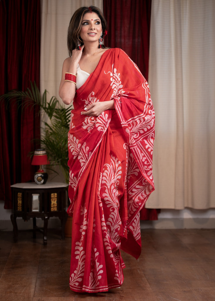 Exclusive red hand batik pure cotton saree