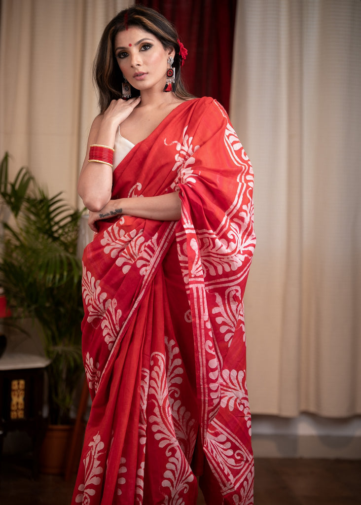 Exclusive red hand batik pure cotton saree