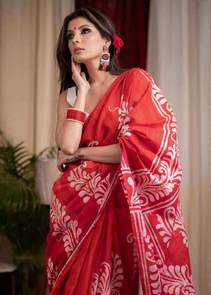 Exclusive red hand batik pure cotton saree