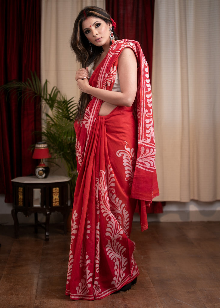 Exclusive red hand batik pure cotton saree