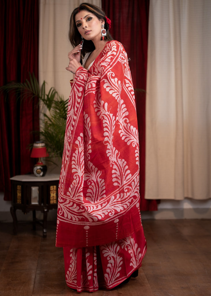 Exclusive red hand batik pure cotton saree
