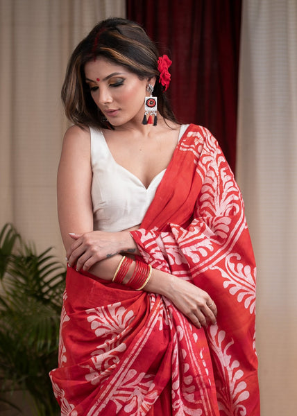 Exclusive red hand batik pure cotton saree