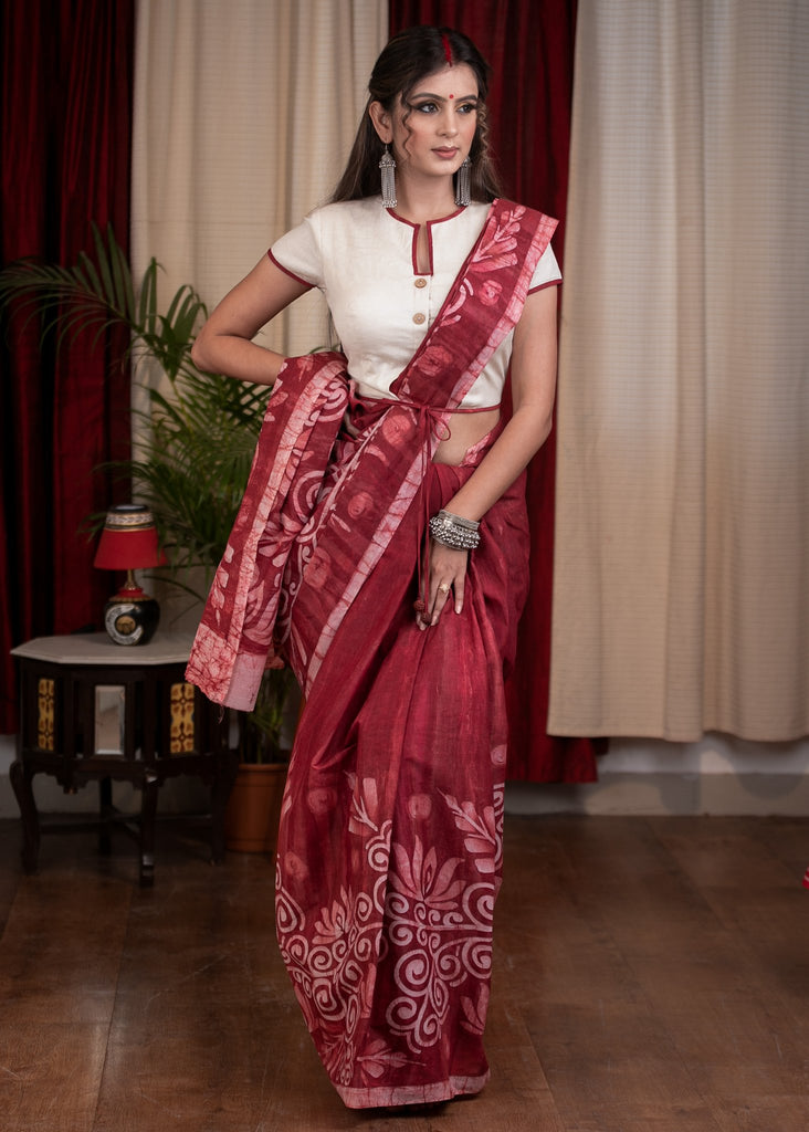 Exclusive Maroon color hand batik pure cotton saree