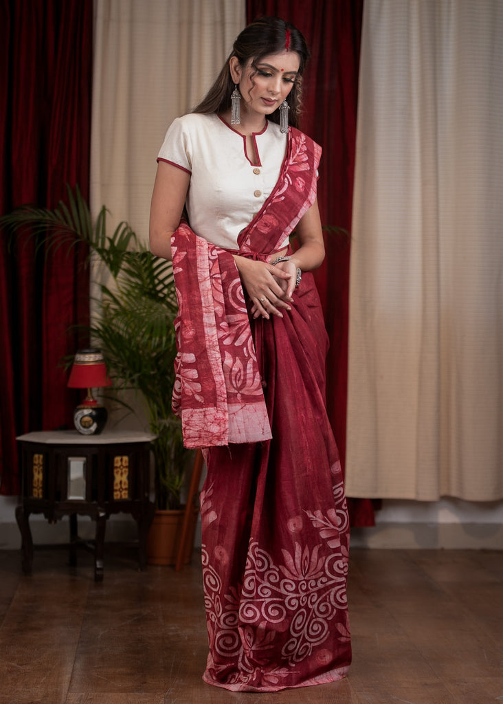 Exclusive Maroon color hand batik pure cotton saree