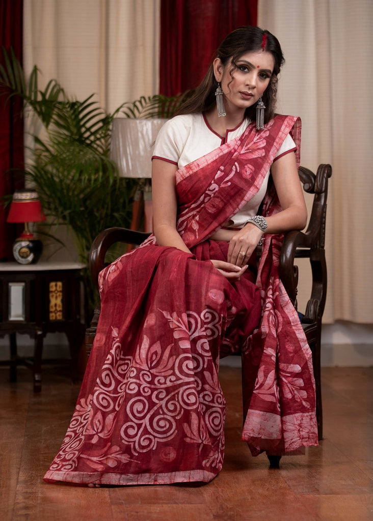 Exclusive Maroon color hand batik pure cotton saree