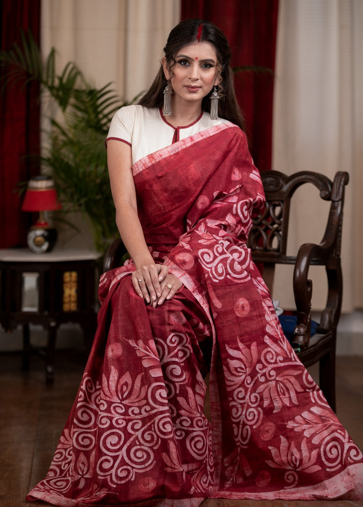 Exclusive Maroon color hand batik pure cotton saree