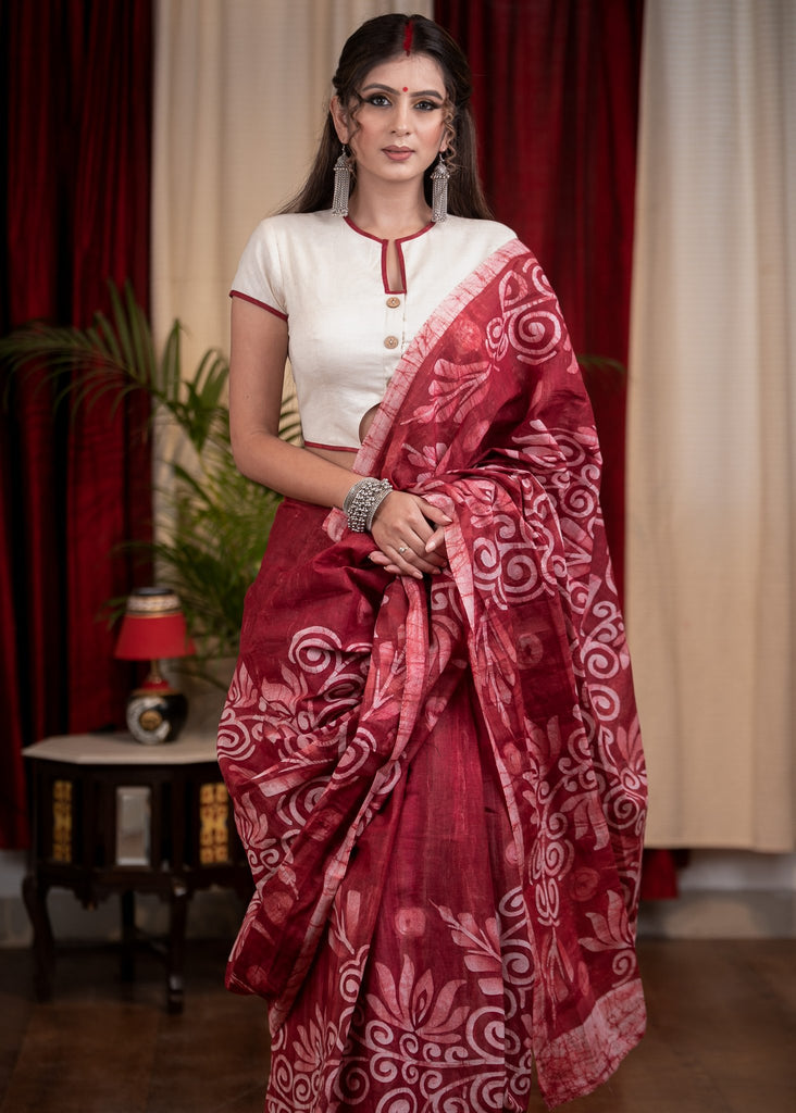 Exclusive Maroon color hand batik pure cotton saree