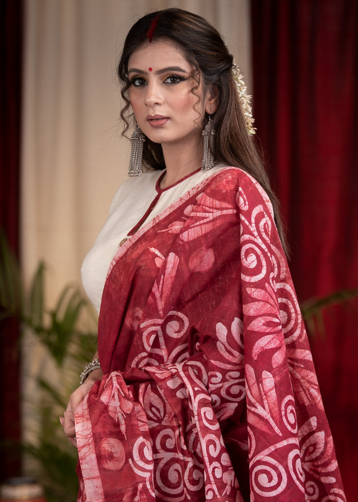 Exclusive Maroon color hand batik pure cotton saree