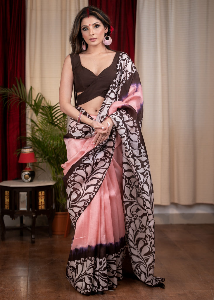 Pink pure silk hand batik saree