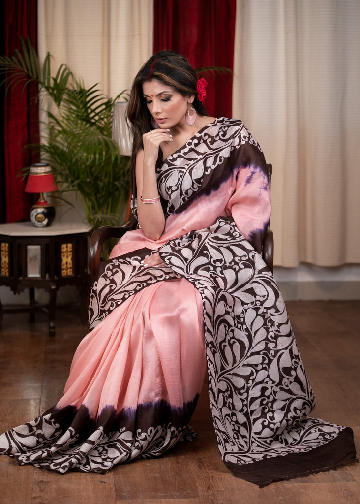 Pink pure silk hand batik saree