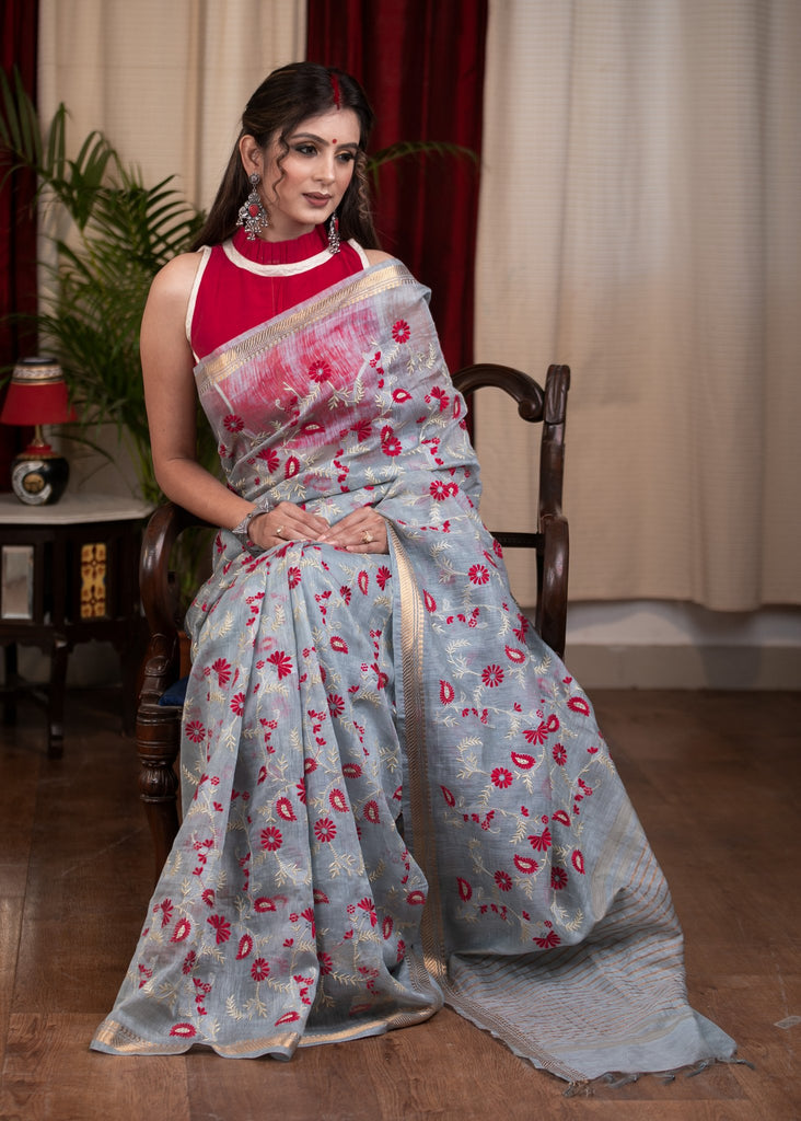 Exclusive embroidered grey pure linen saree
