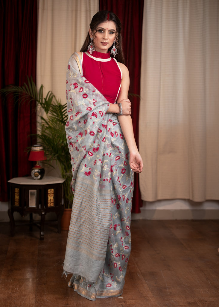 Exclusive embroidered grey pure linen saree