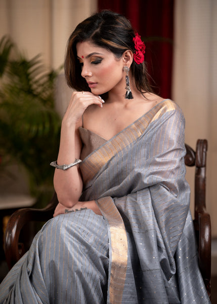 Exclusive striped, grey Kota silk saree