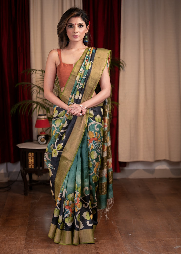 Exclusive pure tusser silk hand painted kalamkari design saree