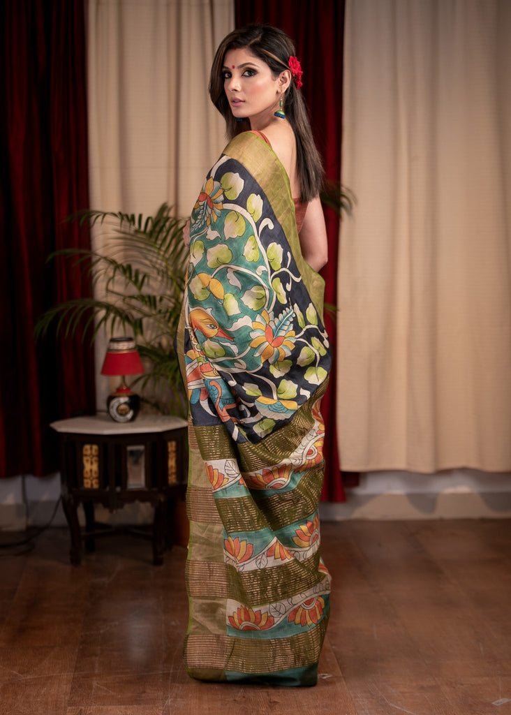 Exclusive pure tusser silk hand painted kalamkari design saree