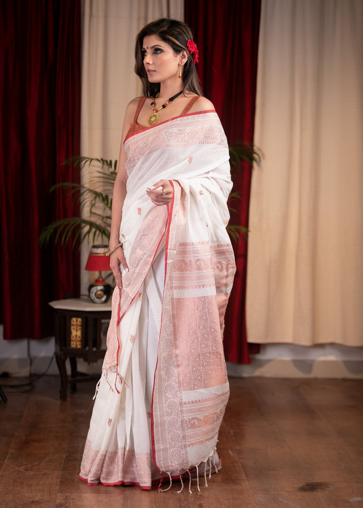 Pure white Bengal handloom cotton jamdani saree