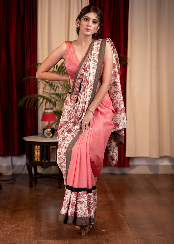 Exclusive dabu printed pure cotton & pink chanderi combination saree