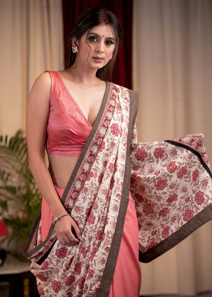 Exclusive dabu printed pure cotton & pink chanderi combination saree
