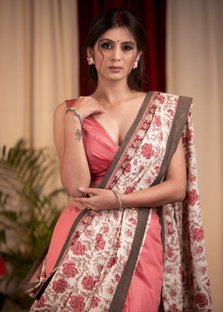 Exclusive dabu printed pure cotton & pink chanderi combination saree
