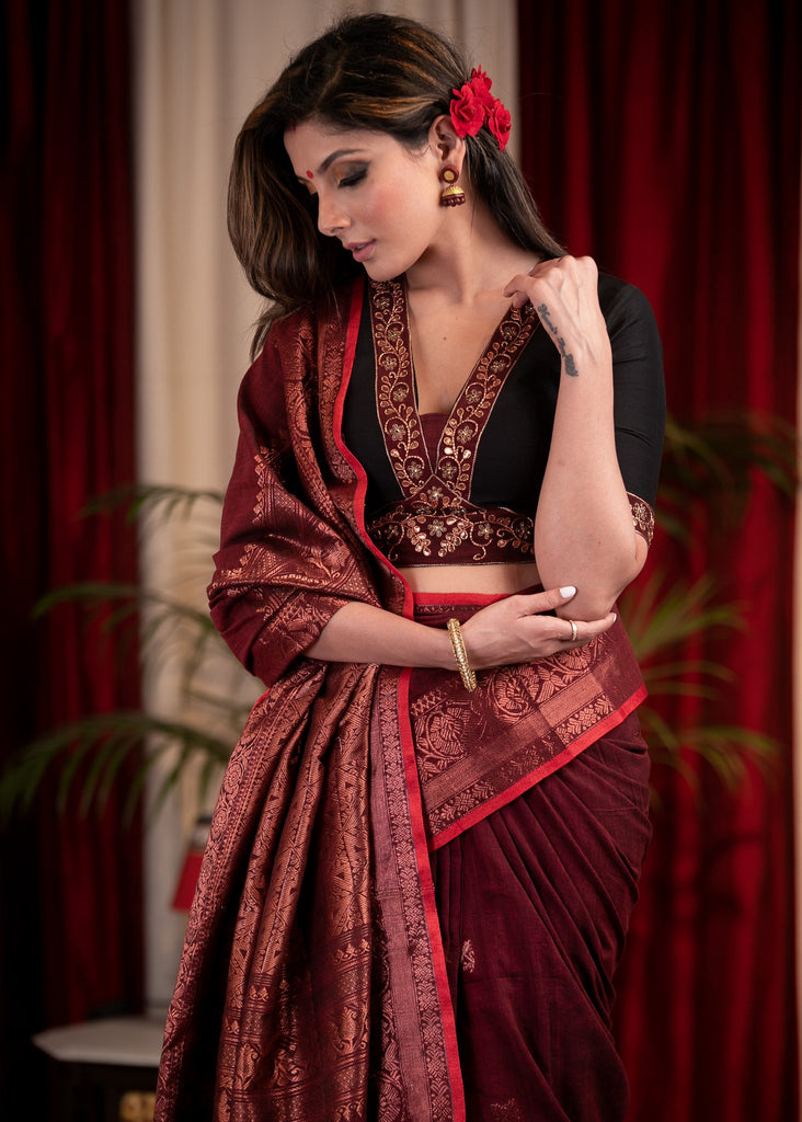 Maroon Bengal handloom pure cotton jamdani saree