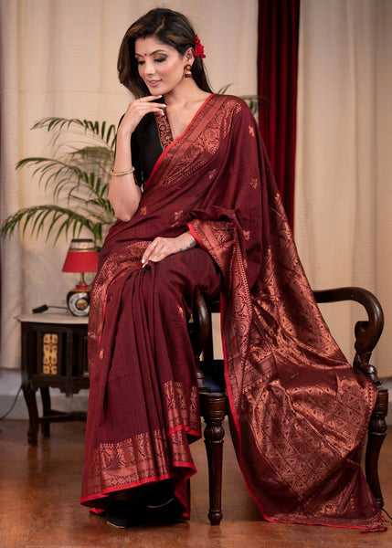 Maroon Bengal handloom pure cotton jamdani saree