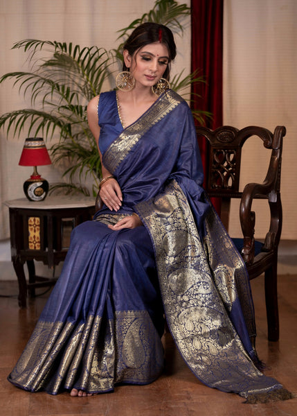 Blue silk staple Benarasi saree