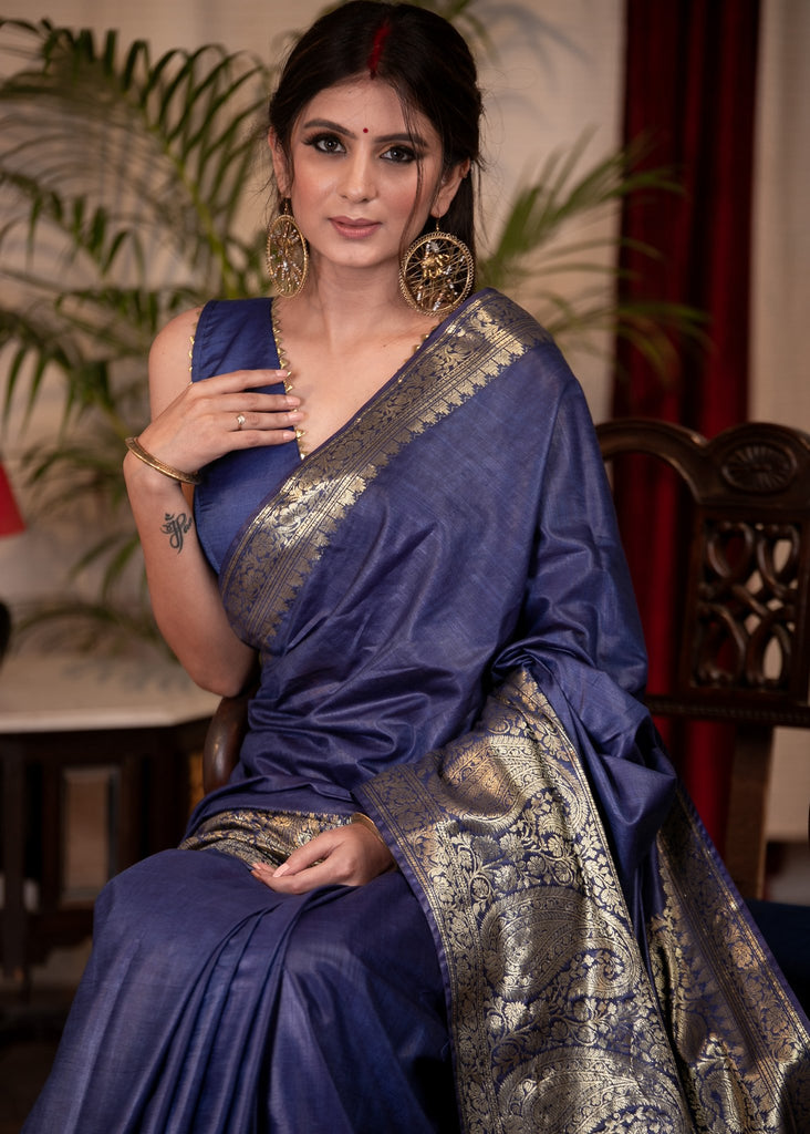 Blue silk staple Benarasi saree