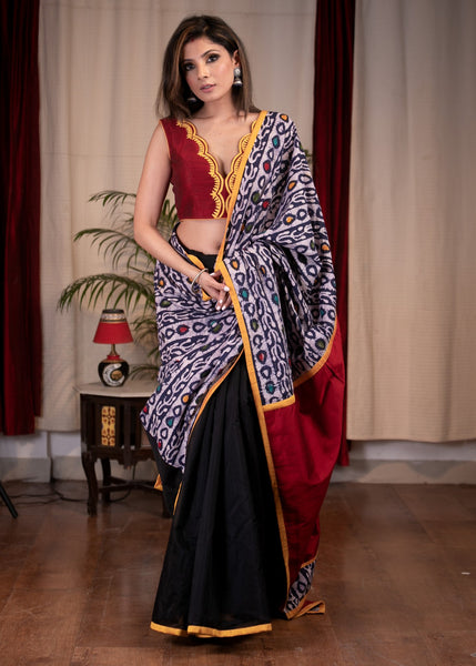 Combination of Indigo & black chanderi saree