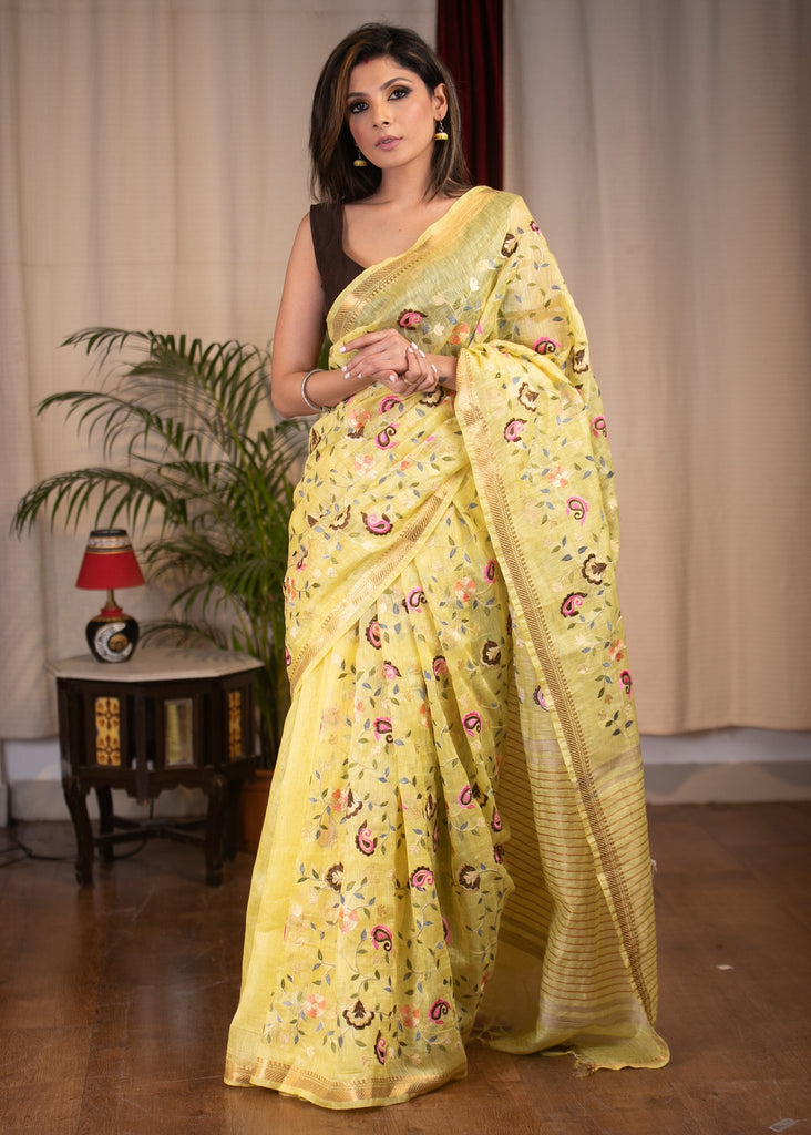 Exclusive embroidered yellow pure linen saree