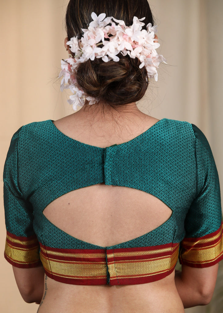 Elegant Traditional Teal Coloured Khun Woven Blouse. Lining Given